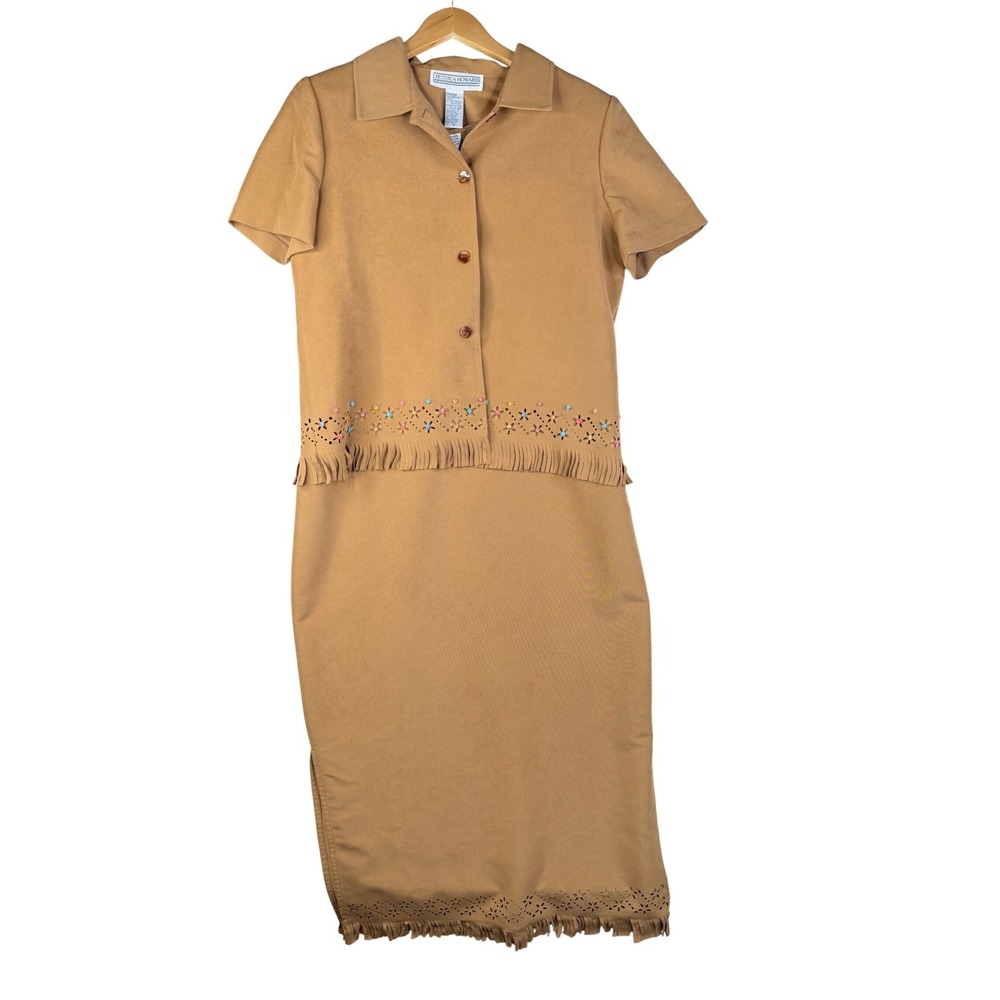 Jessica Howard Beaded& Fringed Western 2 Piece Dress/Top Set size 12 Tan